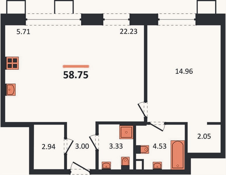 Планировка: 1-к, 58,8 м²