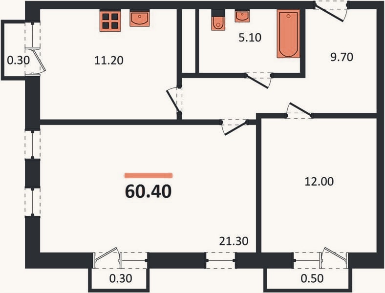 Планировка: 2-к, 60,4 м²