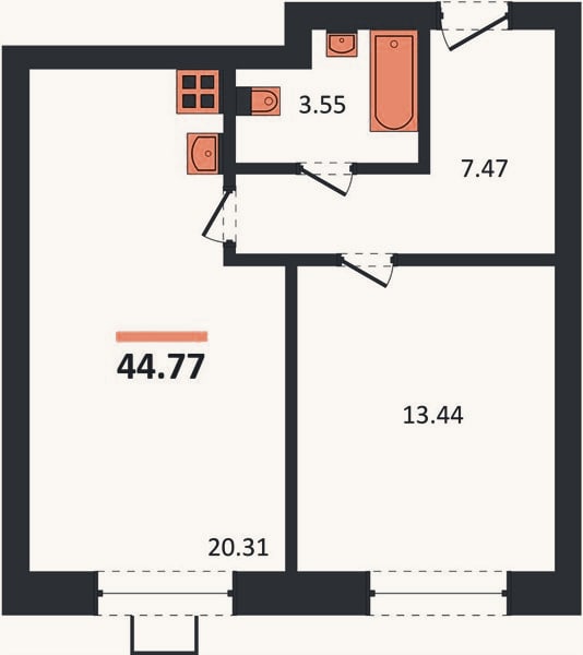Планировка: 1-к, 44,8 м²