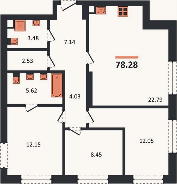 Планировка: 3-к, 78,3 м²