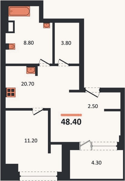 Планировка: 1-к, 48,4 м²