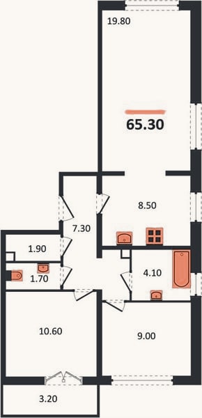 Планировка: 3-к, 65,3 м²
