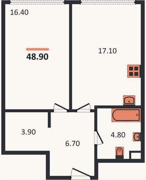 Планировка: 1-к, 48,9 м²
