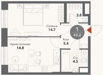 Планировка: 1-к, 42,2 м²