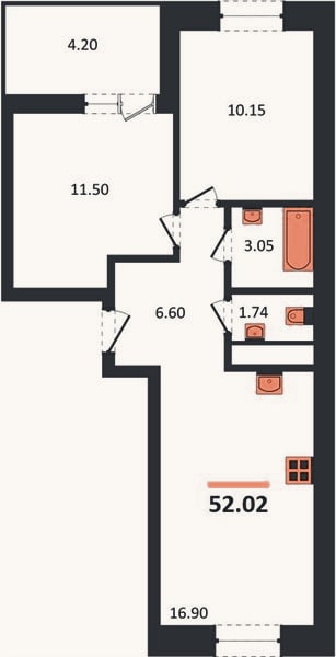 Планировка: 2-к, 52 м²