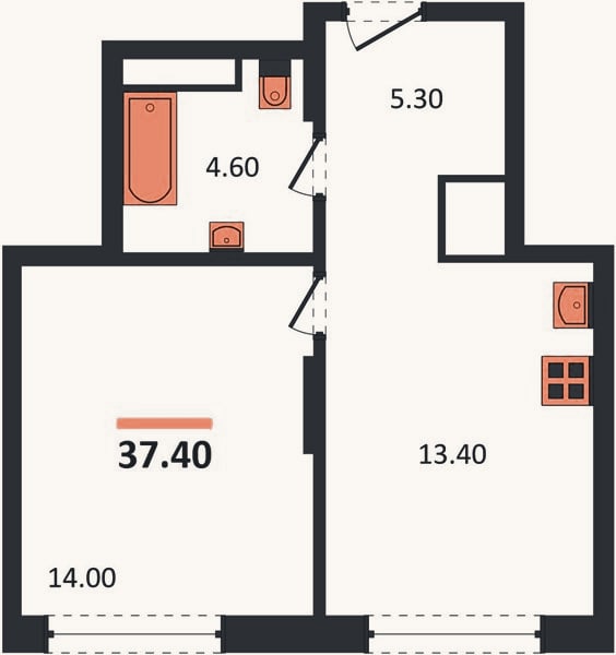Планировка: 1-к, 37,4 м²