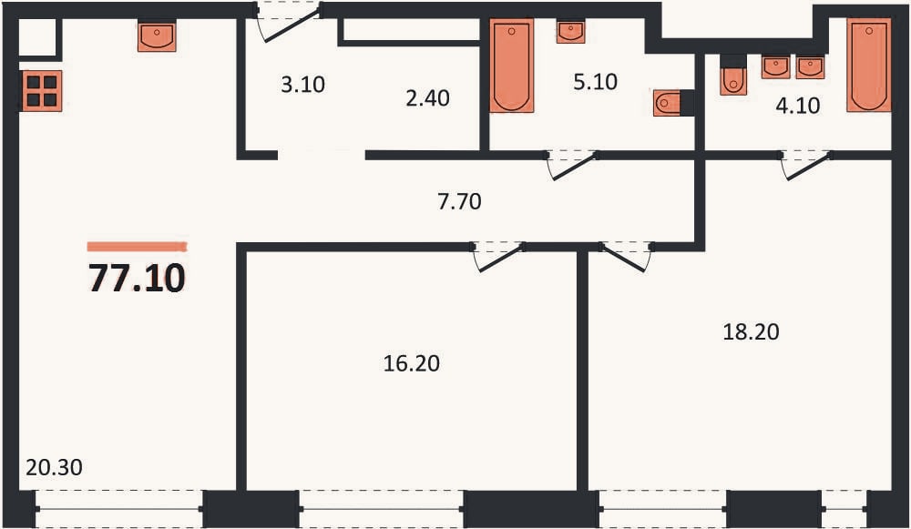 Планировка: 2-к, 77,1 м²