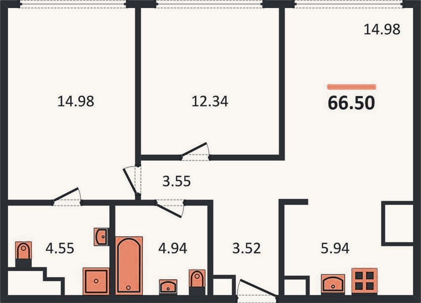 Планировка: 2-к, 66,5 м²