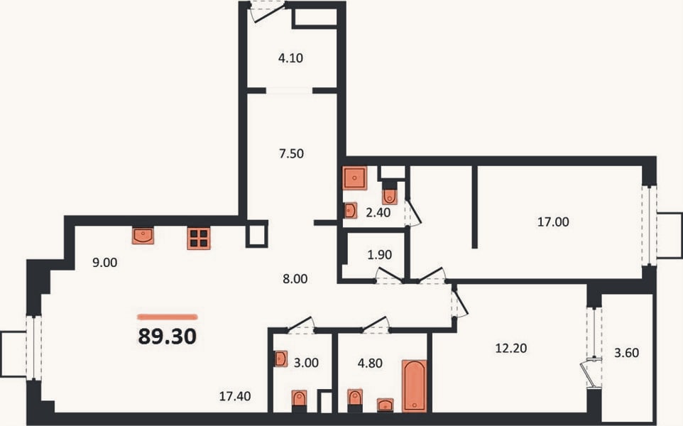 Планировка: 2-к, 89,3 м²
