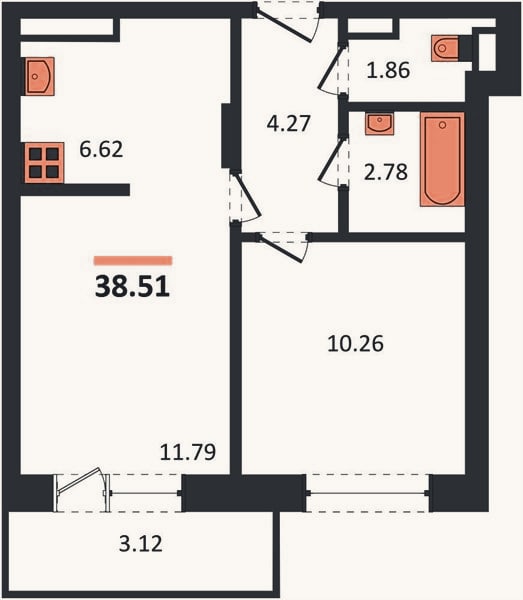 Планировка: 1-к, 37,6 м²