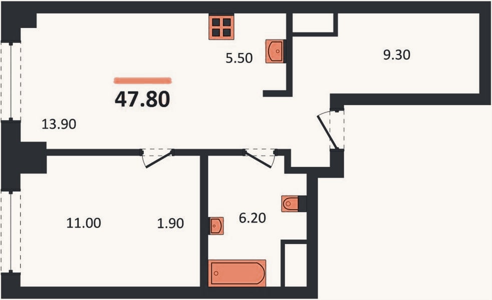 Планировка: 1-к, 47,8 м²