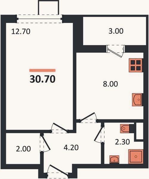 Планировка: 1-к, 30,7 м²