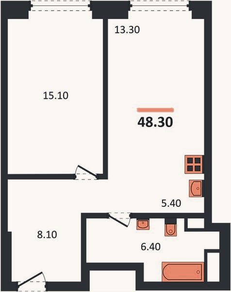 Планировка: 1-к, 48,3 м²