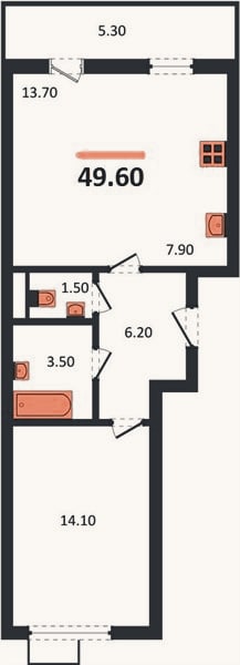 Планировка: 1-к, 49,6 м²