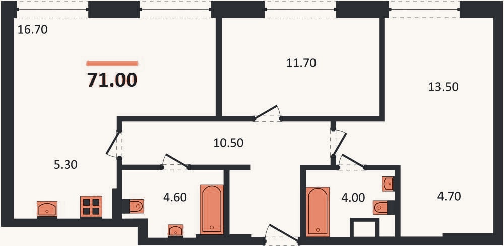 Планировка: 2-к, 71 м²