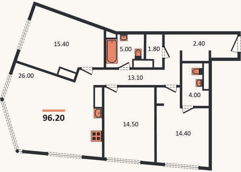 Планировка: 3-к, 96,2 м²