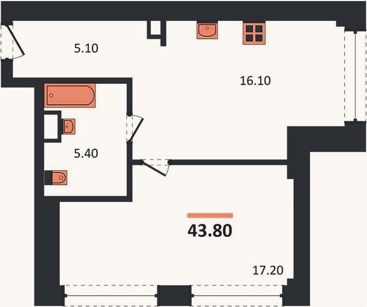 Планировка: 1-к, 43,8 м²