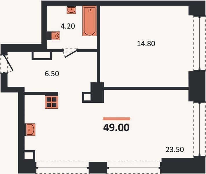 Планировка: 1-к, 49 м²