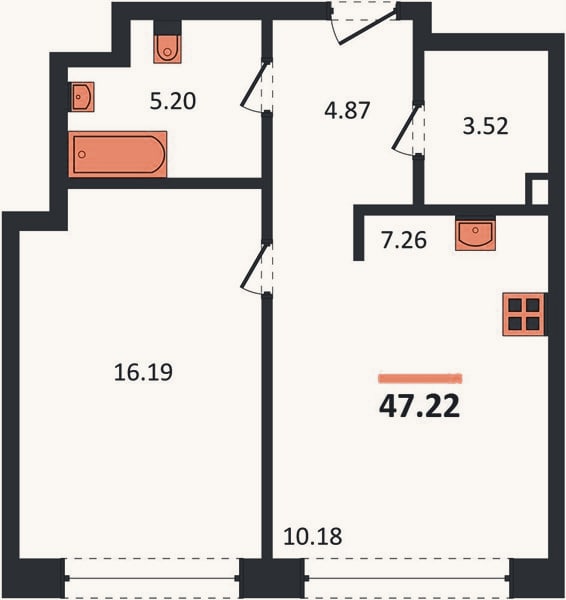 Планировка: 1-к, 47,2 м²