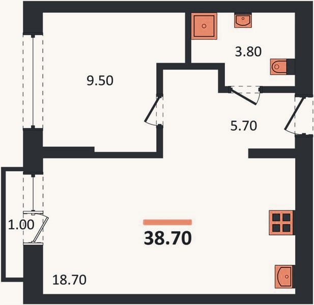 Планировка: 1-к, 38,7 м²
