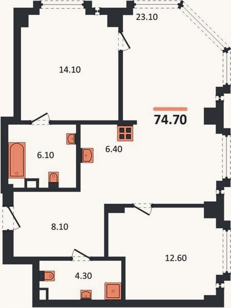 Планировка: 2-к, 74,7 м²
