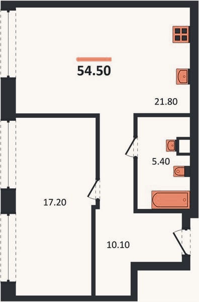 Планировка: 1-к, 54,5 м²