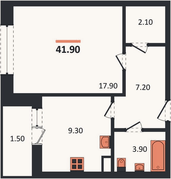 Планировка: 1-к, 41,9 м²
