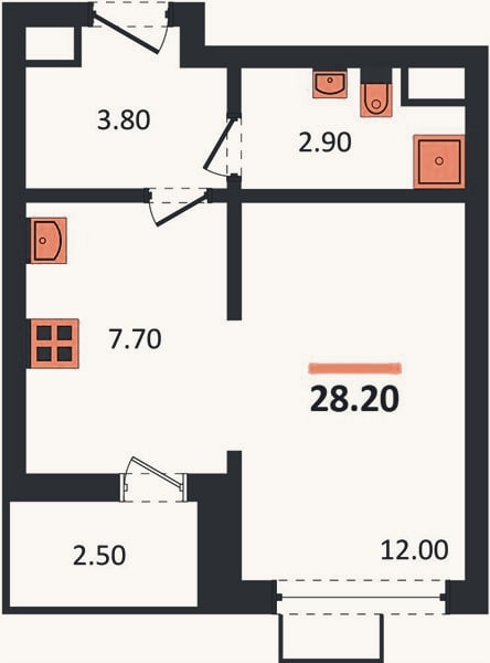 Планировка: 1-к, 28,2 м²