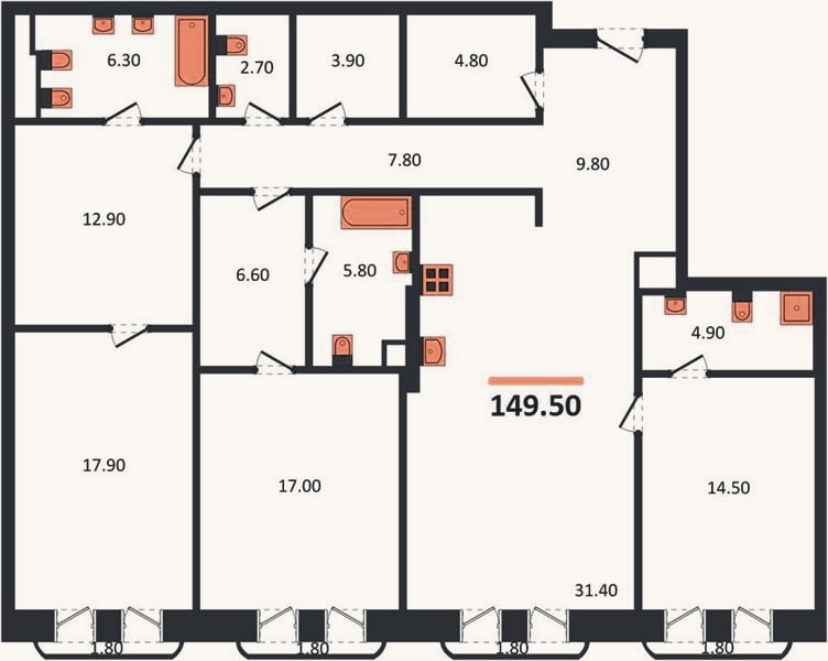 Планировка: 3-к, 149,5 м²