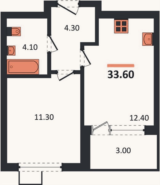 Планировка: 1-к, 33,6 м²