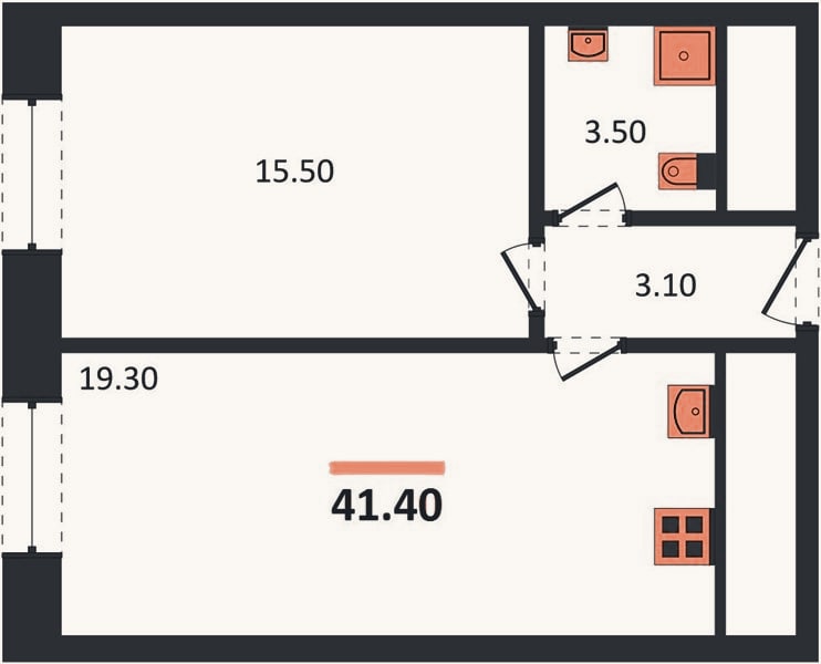 Планировка: 1-к, 41,4 м²
