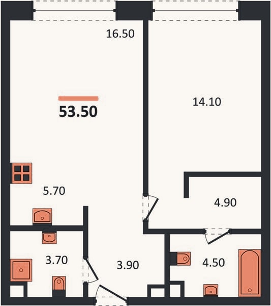 Планировка: 1-к, 53,5 м²
