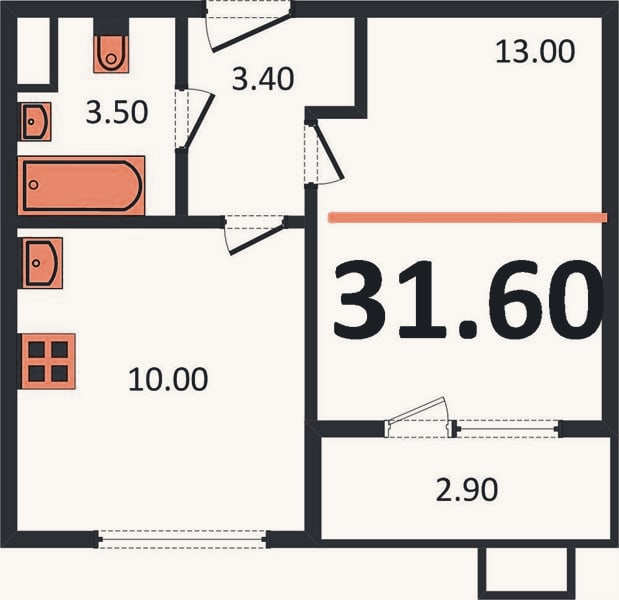 Планировка: 1-к, 31,6 м²