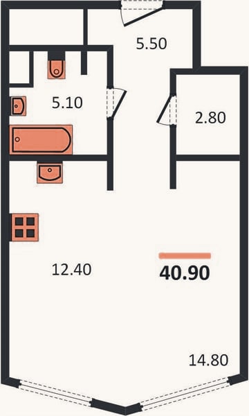 Планировка: Студия, 40,9 м²