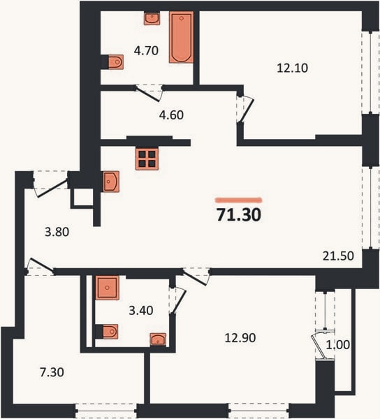 Планировка: 2-к, 71,1 м²