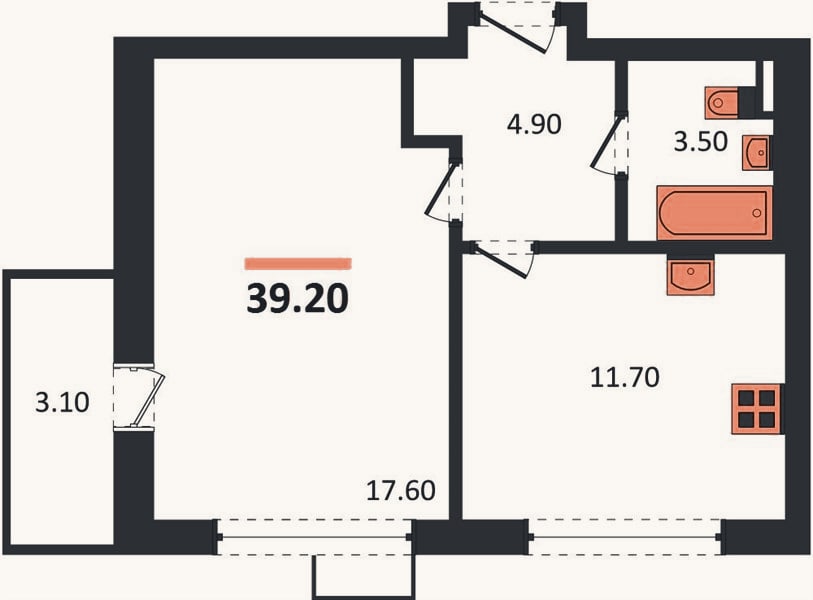 Планировка: 1-к, 39,2 м²