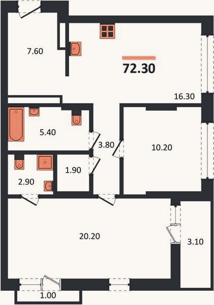 Планировка: 2-к, 72,3 м²