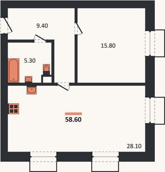 Планировка: 1-к, 58,6 м²