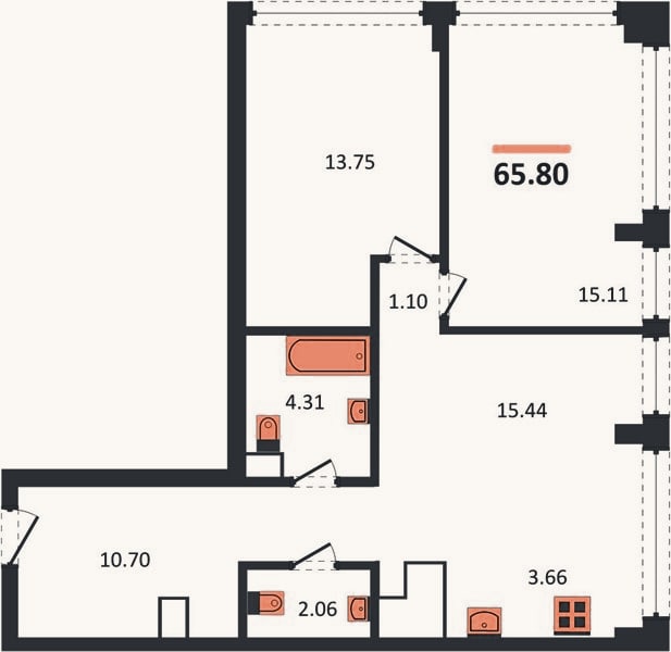 Планировка: 2-к, 65,8 м²