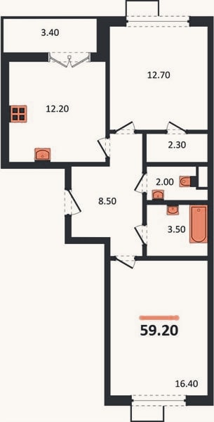Планировка: 2-к, 59,2 м²