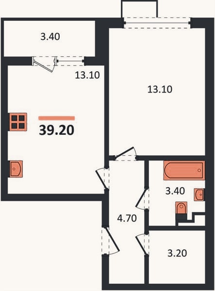 Планировка: 1-к, 39,2 м²