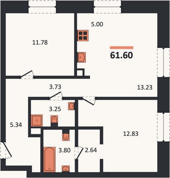 Планировка: 2-к, 61,6 м²
