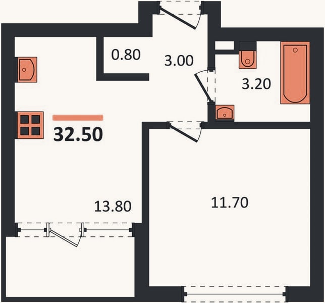 Планировка: 1-к, 32,5 м²