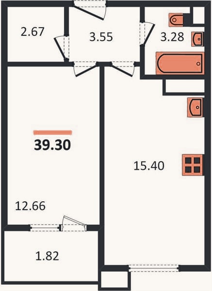Планировка: 1-к, 39,3 м²