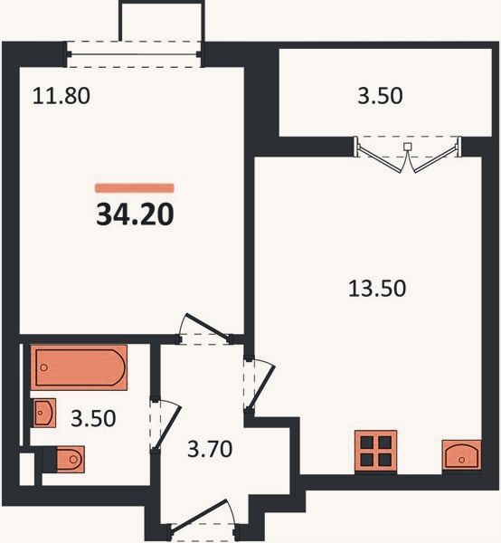 Планировка: 1-к, 34,2 м²