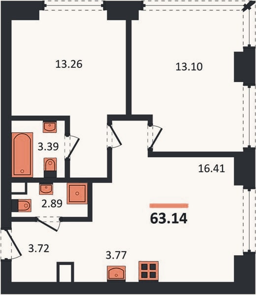 Планировка: 2-к, 63,1 м²