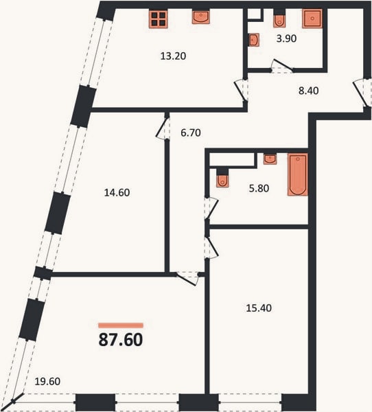 Планировка: 3-к, 87,6 м²