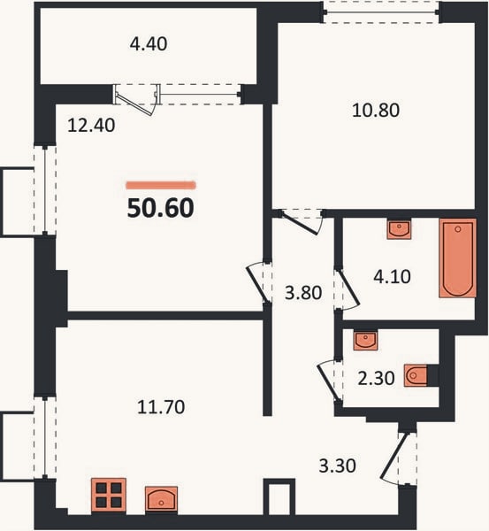 Планировка: 2-к, 50,6 м²