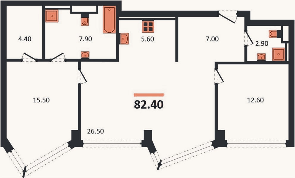 Планировка: 2-к, 82,4 м²