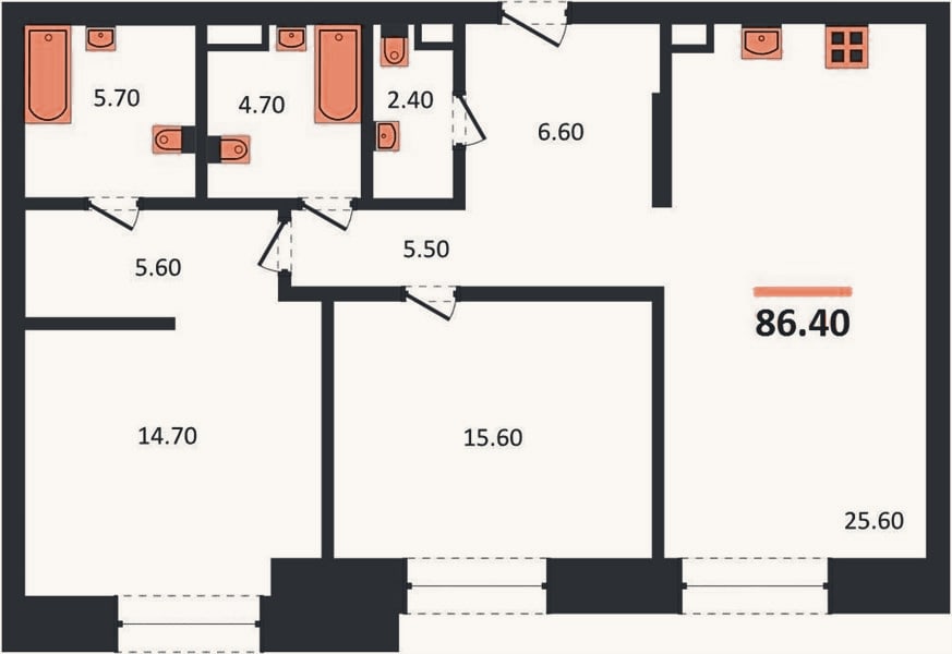 Планировка: 2-к, 86,4 м²